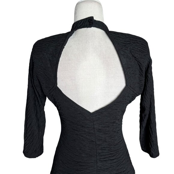 Vintage Textured Bodycon Dress Small Black Open Back 3/4 Sleeve Stretch Knit - Picture 7 of 11